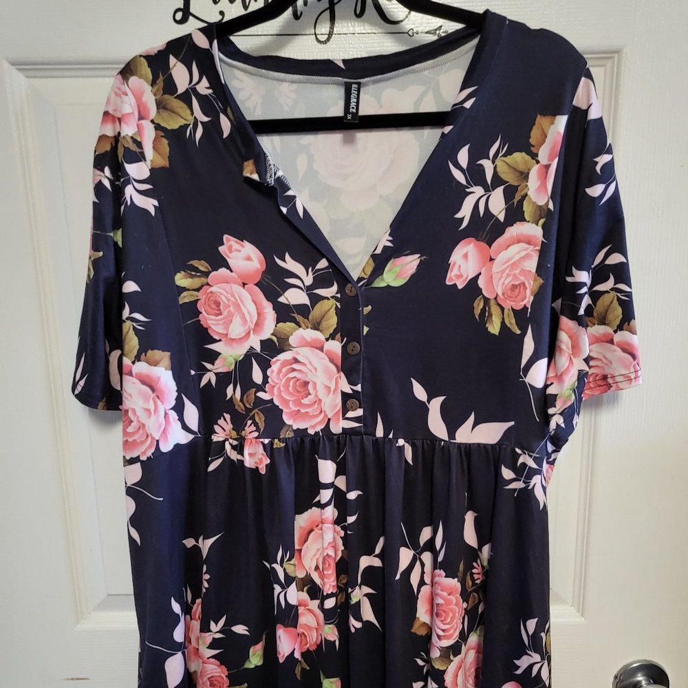 ALLEGRACE Women's Plus Size 3X Tropical Floral Tunic Shirt Black W/ Pink FloraL